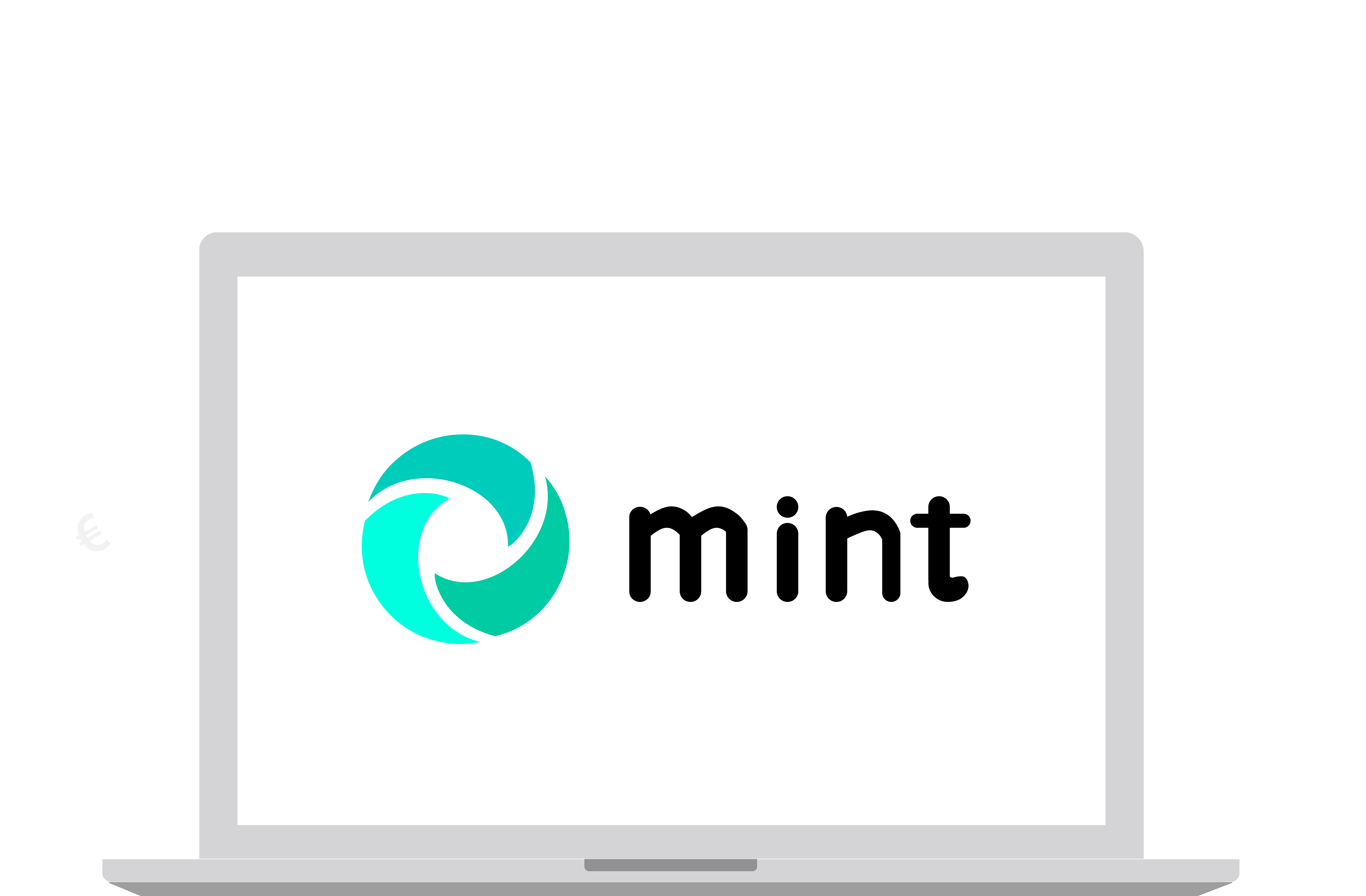 Image d'un ordinateur avec le logo Mint sur l’écran et des icônes autour représentant les modules CRM, comptabilité, marketing